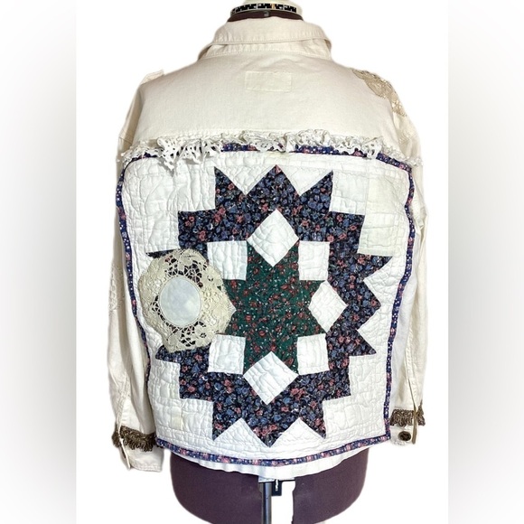 Upcycled Linen Cotton Womens Jacket Size M Boho OOAK Shabby Chic Patches Quilted - Picture 5 of 16